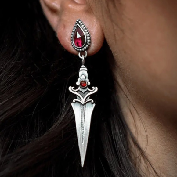 Gothic Punk Vintage Earrings, Dagger Tassel  W/ Red zirconia, Retro Style - Picture 5 of 8